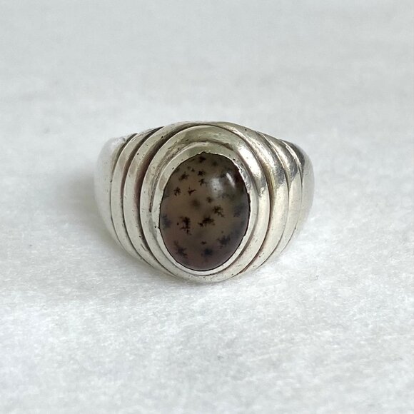 Solid Sterling Silver 925 Unisex Oval Dendritic Fern Agate Wide Band Ring Sz 8.5 - Picture 1 of 16